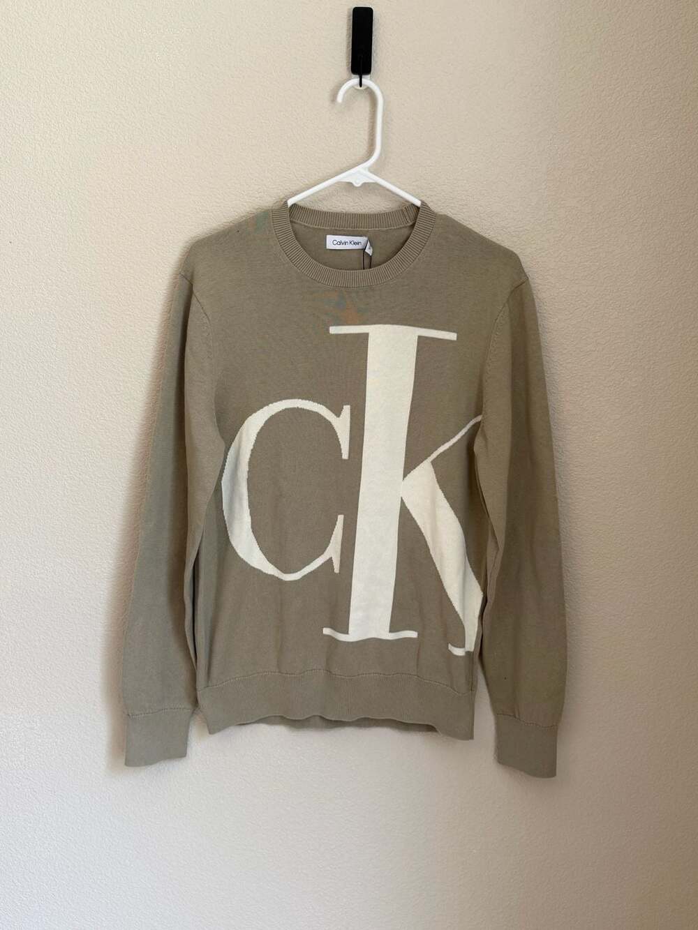 Calvin Klein Smooth Cotton Sweater with Large CK Logo Beige Small
